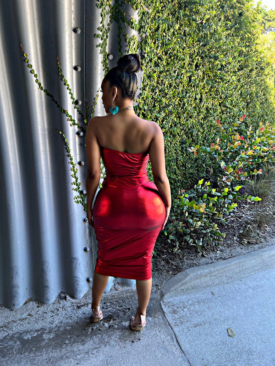 The Sweetheart Metallic Ruched Midi Dress (Red) Thee Boutique Shop The Sweetheart Metallic Ruched Midi Dress (Red) Thee Boutique Shop