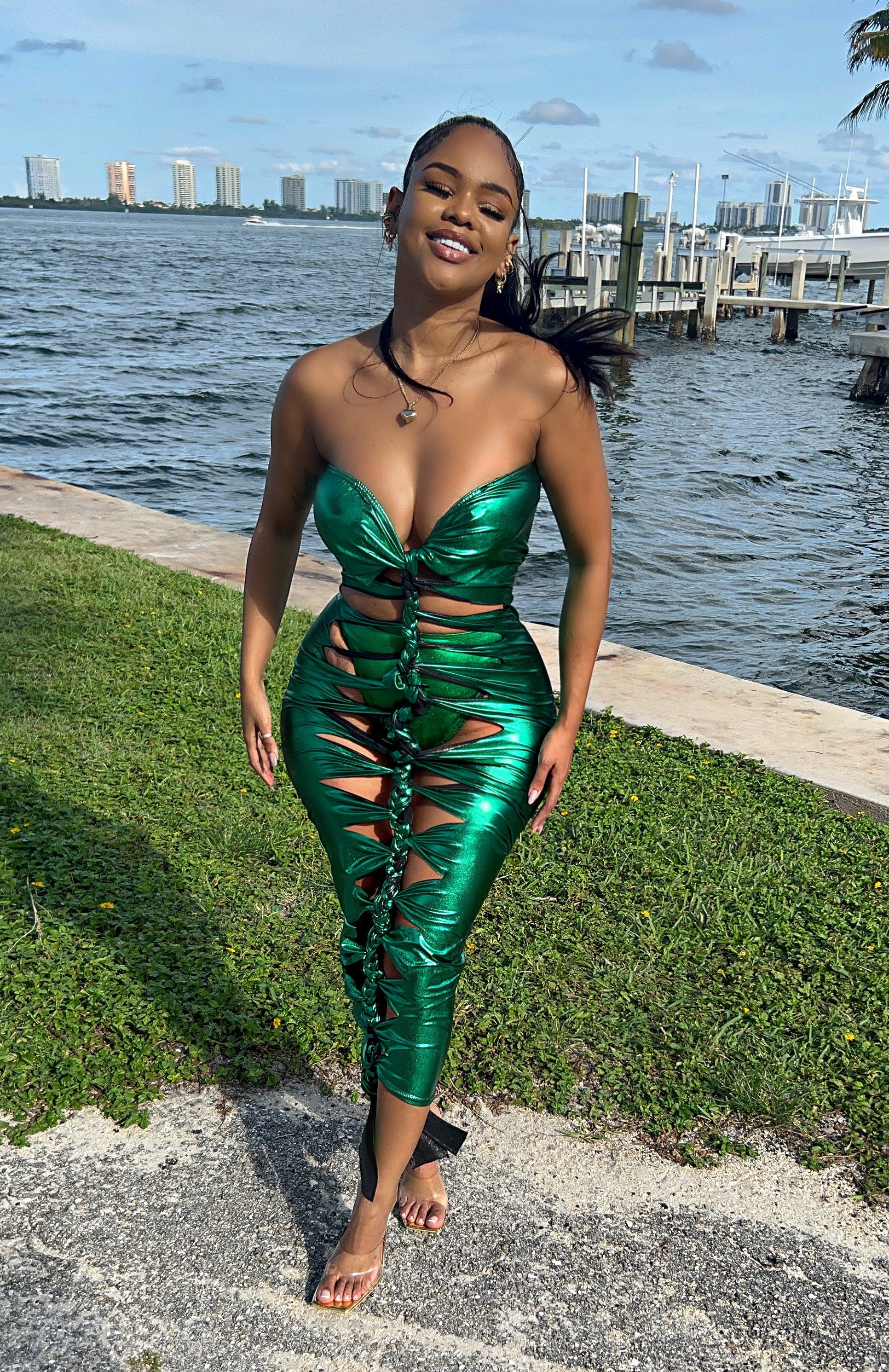 The Montego Metallic Braided Maxi Dress (Emerald)