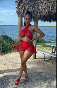 The Classic Summer Net Flare Shorts Set (Red)