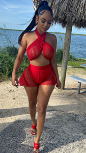 The Classic Summer Net Flare Shorts Set (Red)