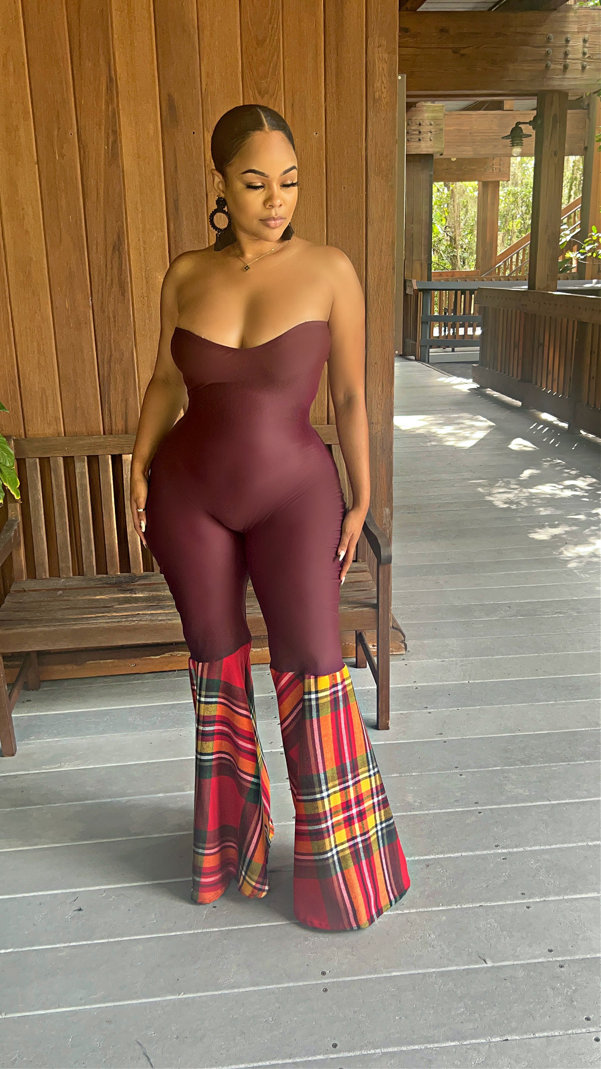 The Holiday Plaid Flare Jumpsuit (Burgundy)