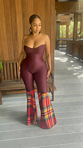 The Holiday Plaid Flare Jumpsuit (Burgundy)