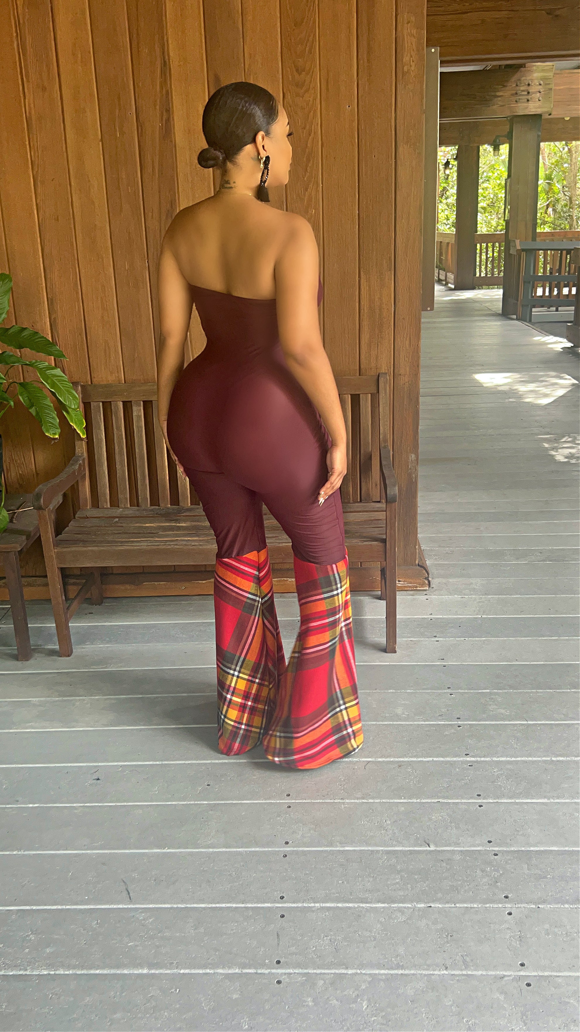 The Holiday Plaid Flare Jumpsuit (Burgundy)