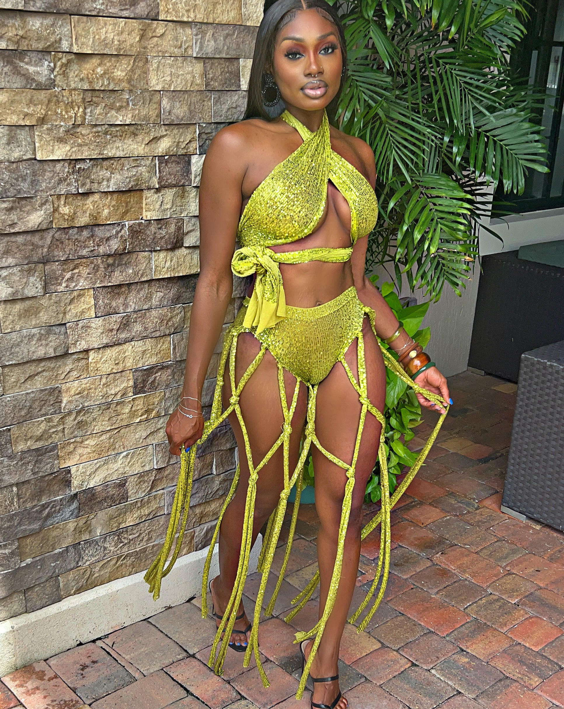 The Majestic Resort Sequined Fringe Set (Chartreuse)