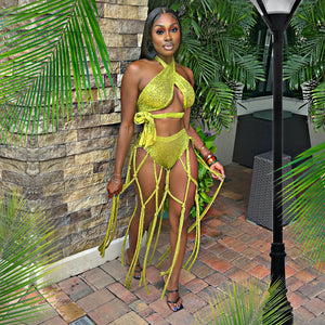 The Majestic Resort Sequined Fringe Set (Chartreuse)