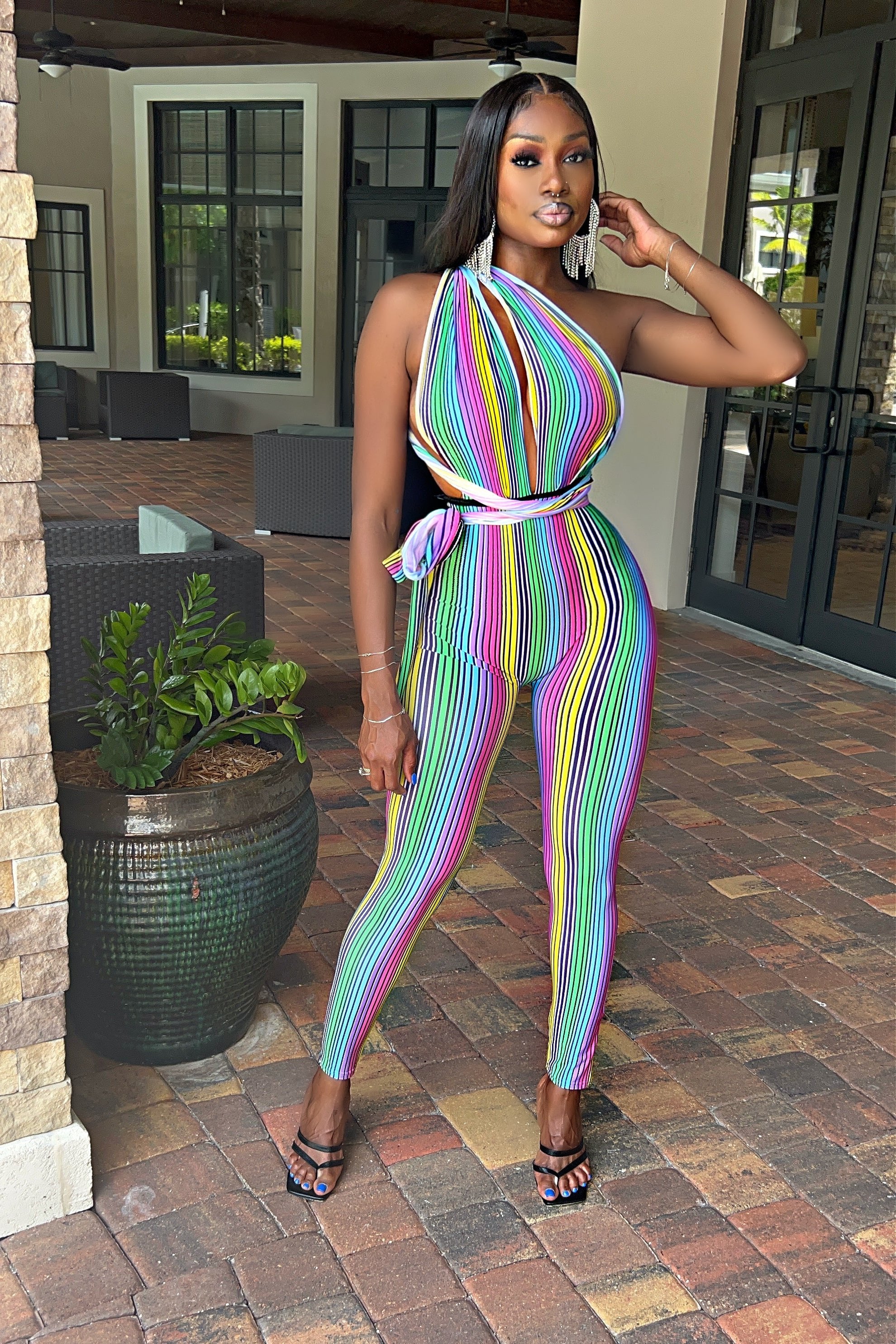 The Summer Pinstripe Rainbow Wrap Jumpsuit