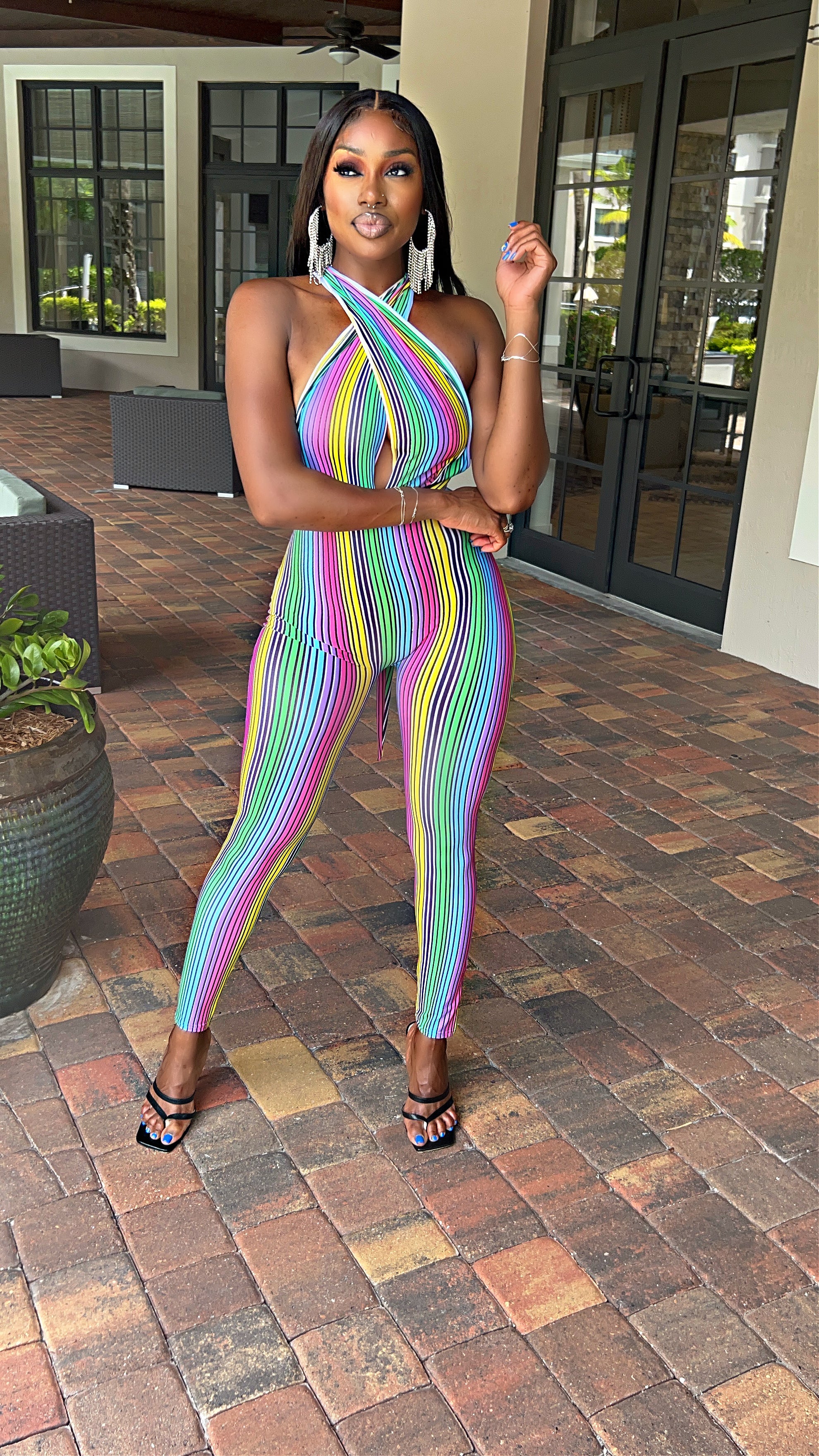 The Summer Pinstripe Rainbow Wrap Jumpsuit