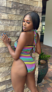 The Summer Pinstripe Rainbow Lace Up Swimsuit