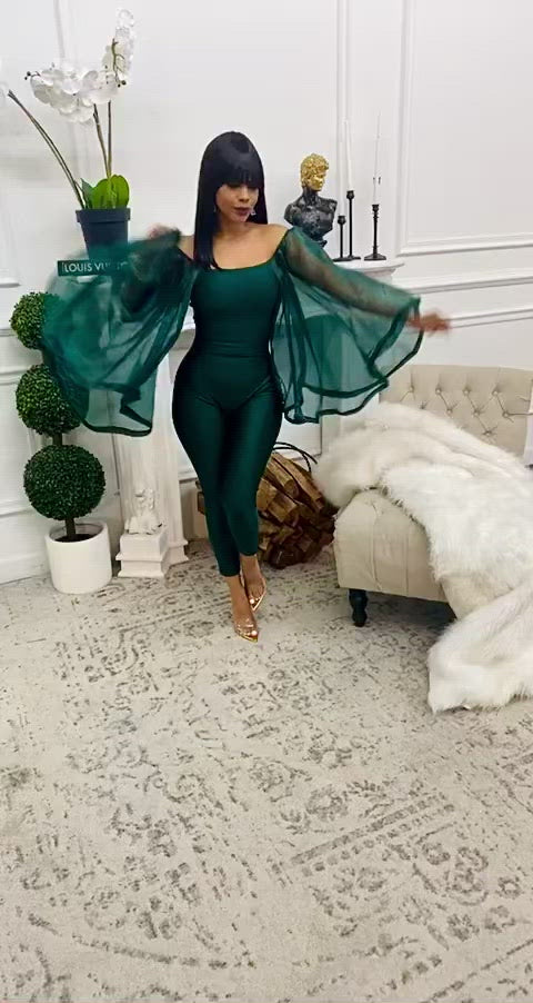 The Holy Grail Dramatic Sleeve Off The Shoulder Jumpsuit (Forest Green)