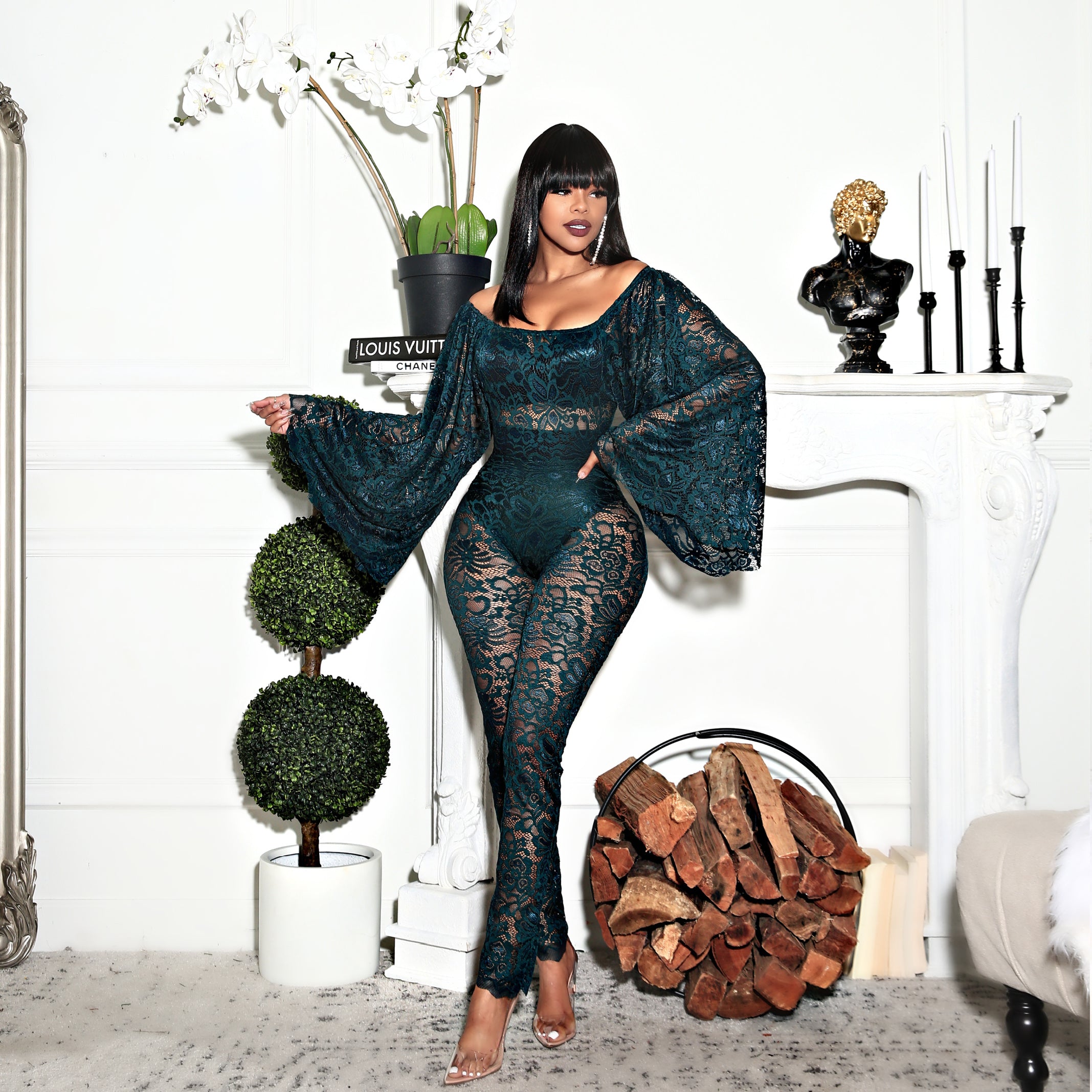 The Holy Grail Dramatic Sleeve Off The Shoulder Jumpsuit Lace (Forest Green)