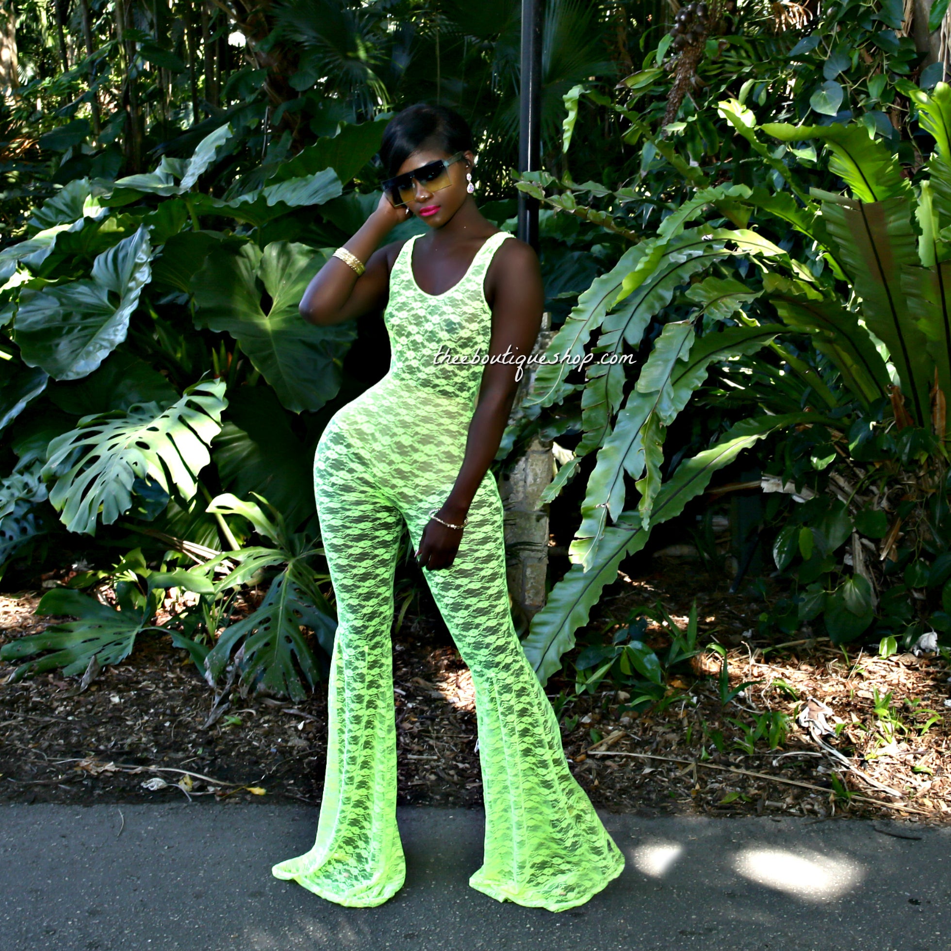 The Summer Lace Flare Jumpsuit (Neon Green)