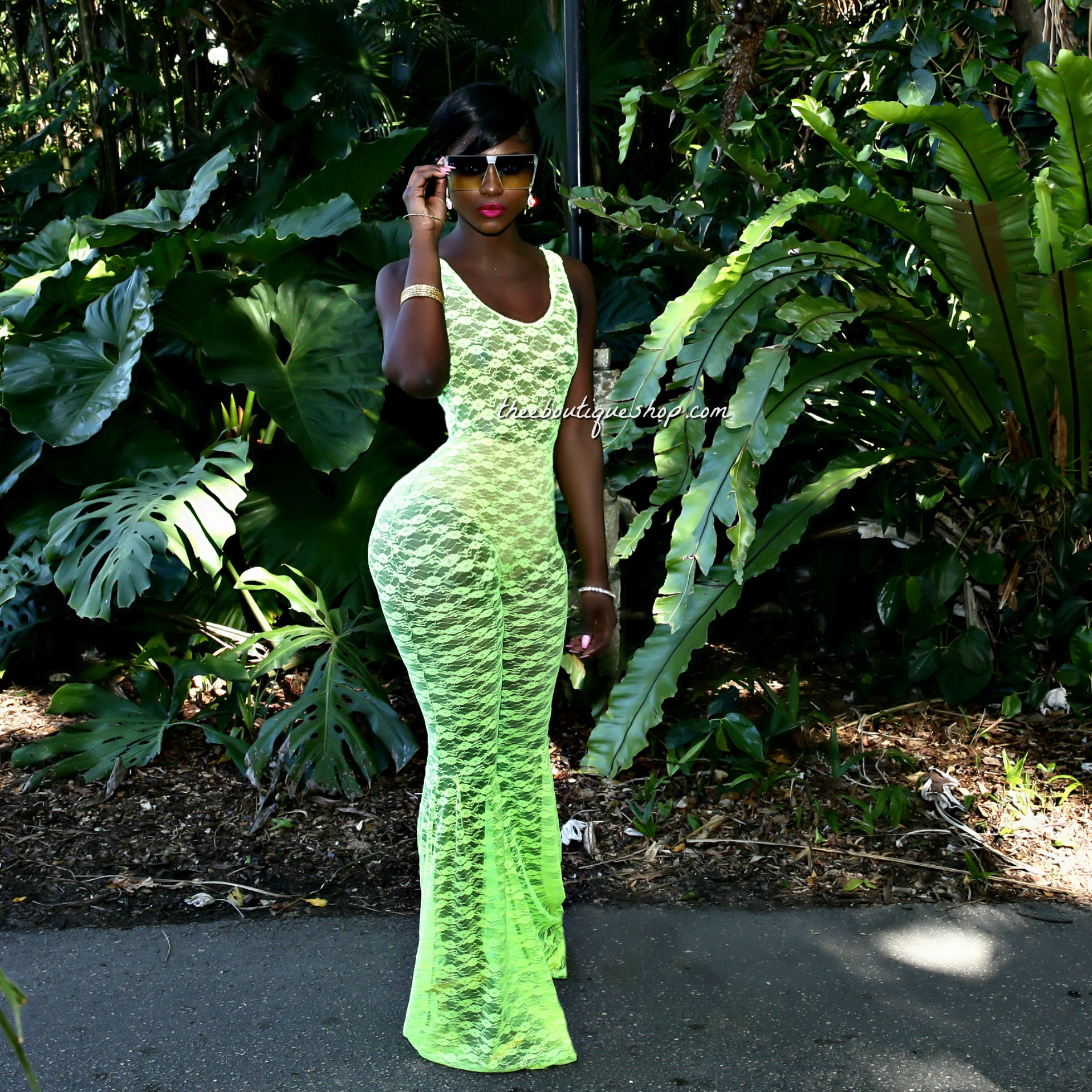 The Summer Lace Flare Jumpsuit (Neon Green)